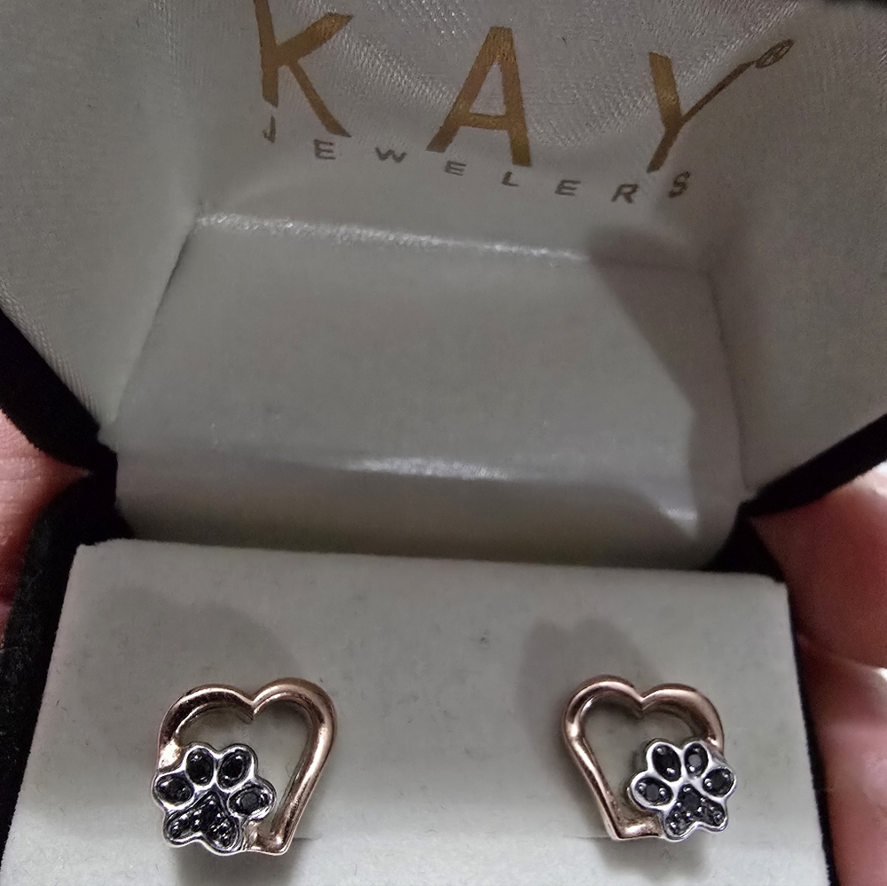 KAY JEWELERS ANIMAL DOG CAT PAW EARRINGS 925 Silver 10k Rose Gold JWBR